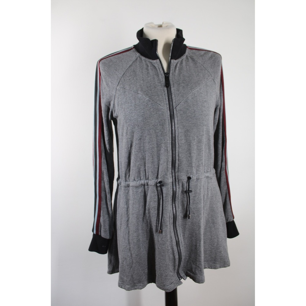 Michi XS Grey Zip Up Track Jacket Cinch Waist Striped Sleeves Activewear Pockets